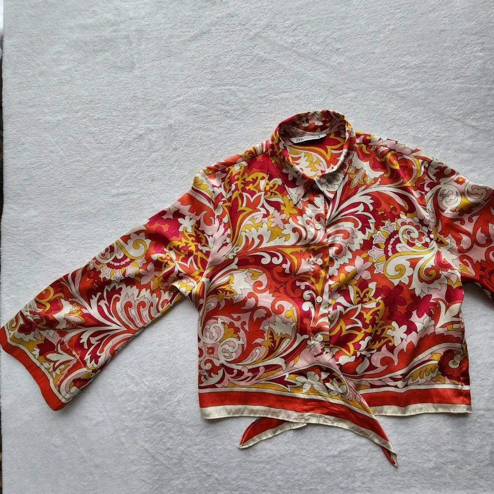 Zara Tie Front Blouse Womens XL Psychedelic Retro Floral Boho Festival Orange - Picture 8 of 14